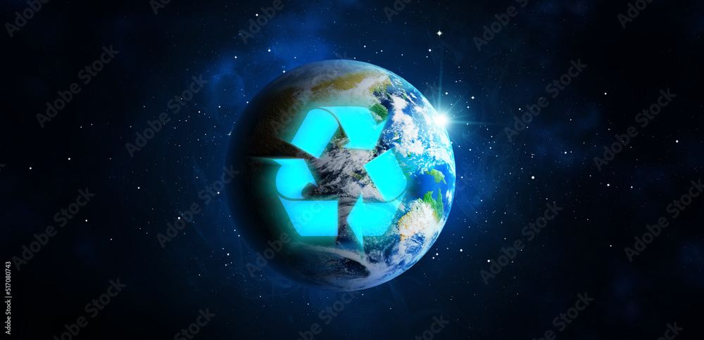 Obraz premium Illustration of recycling symbol and Earth in starry sky. Banner design