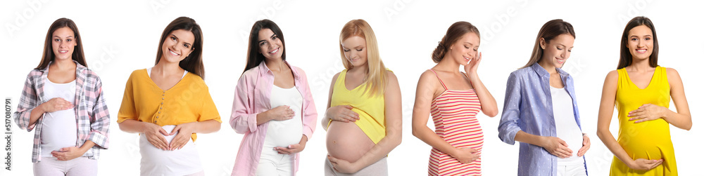 Collage with photos of happy pregnant women on white background. Banner design Collage with photos of happy pregnant women on white background. Banner design
