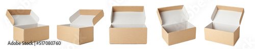 Set with open cardboard boxes on white background. Banner design