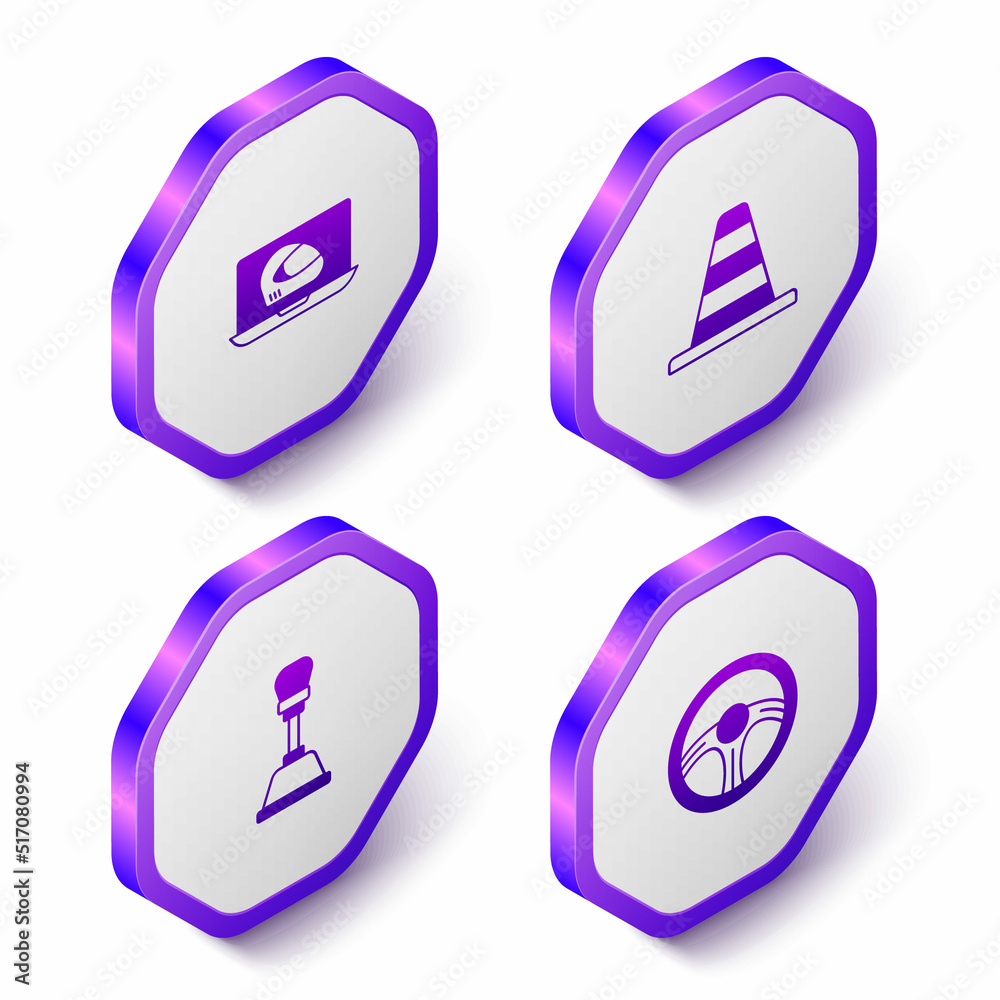 Set Isometric Racing helmet, Traffic cone, Gear shifter and steering wheel icon. Purple hexagon button. Vector Set Isometric Racing helmet, Traffic cone, Gear shifter and steering wheel icon. Purple hexagon button. Vector