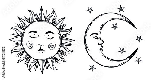 Set of beautiful mystical elements, sun and crescent moon with face vintage style. Design tattoos elements. Antique style vector. Hand drawn in engraving style isolated on white background.