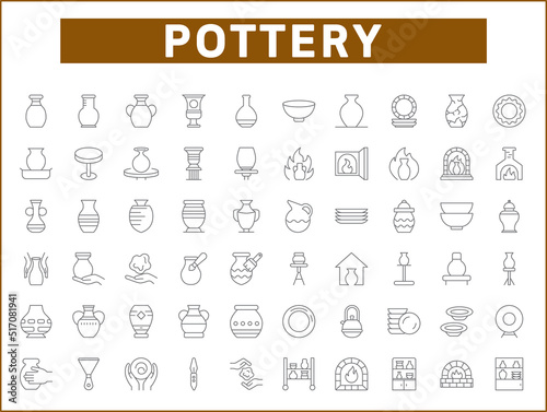 Simple Set of Pottery Related Vector Line Icons. Contains such Icons as Bowl, Plate, fireplace, ceramics, vase, clay, mug symbols and more.