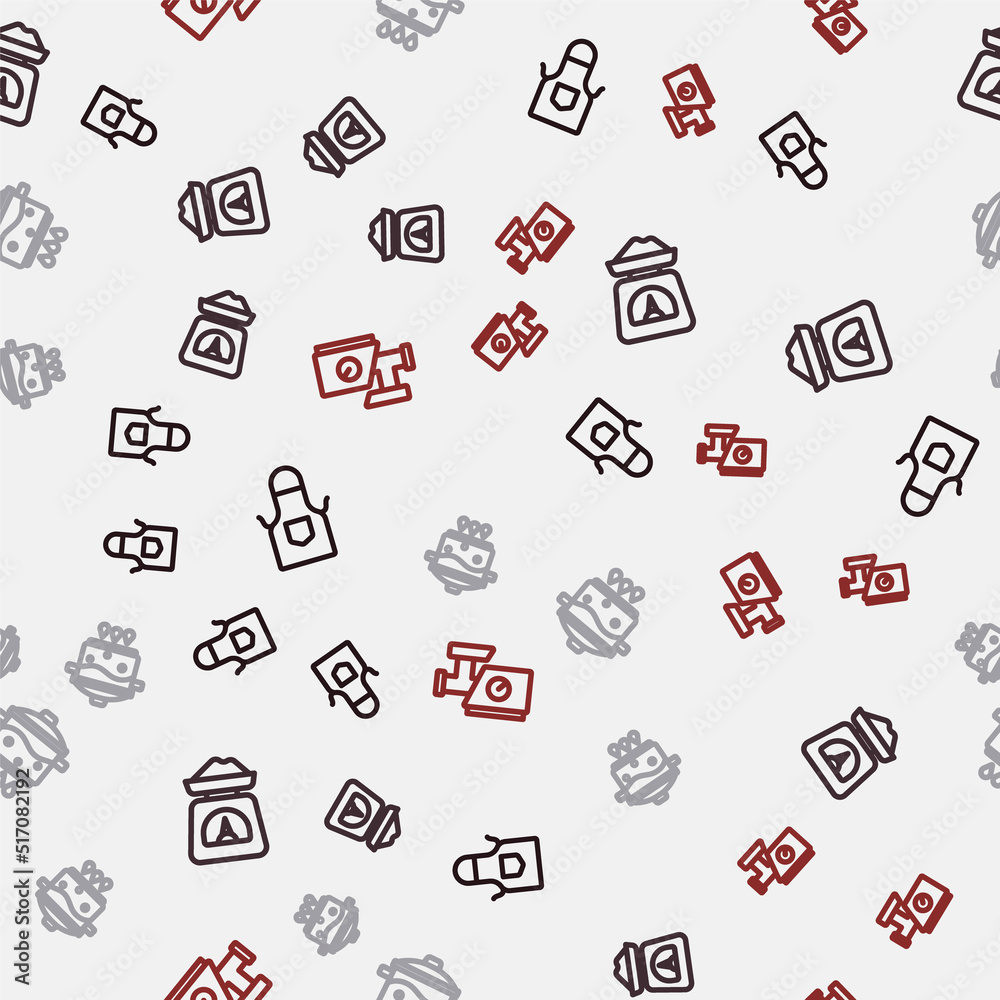 Set line Kitchen apron, Scales, Cooking pot fire and meat grinder on seamless pattern. Vector Set line Kitchen apron, Scales, Cooking pot fire and meat grinder on seamless pattern. Vector
