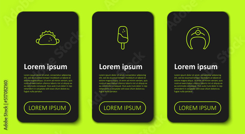 Set line Taco with tortilla, Ice cream and Fish steak. Business infographic template. Vector