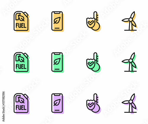 Set line Thermometer, Bio fuel canister, Mobile phone with leaf and Wind turbine icon. Vector