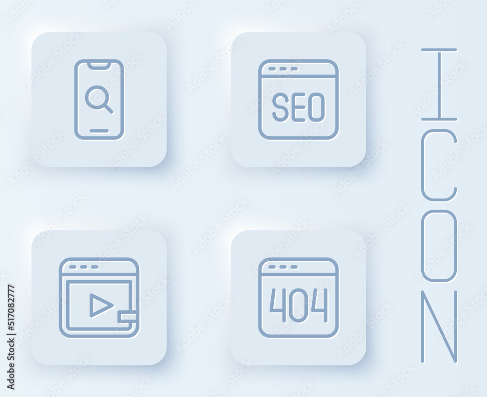 Set line Magnifying glass and mobile, SEO optimization, Video advertising and Page with 404 error. White square button. Vector Set line Magnifying glass and mobile, SEO optimization, Video advertising and Page with 404 error. White square button. Vector