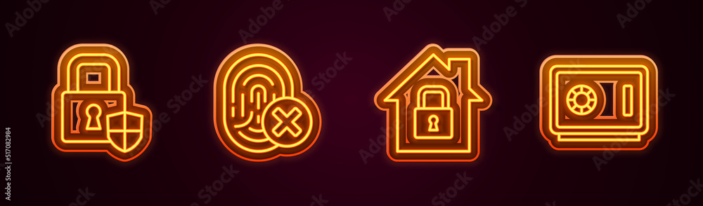 Set line Shield security with lock, Cancelled fingerprint, House under protection and Safe. Glowing neon icon. Vector Set line Shield security with lock, Cancelled fingerprint, House under protection and Safe. Glowing neon icon. Vector