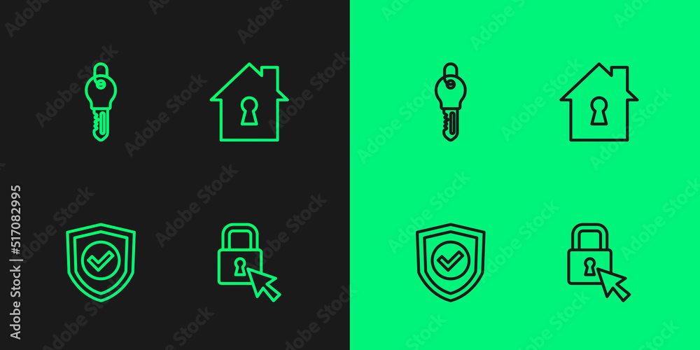 Set line Lock, Shield with check mark, Key and House under protection icon. Vector Set line Lock, Shield with check mark, Key and House under protection icon. Vector