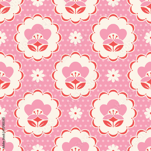 Floral Reamless Pattern in Retro Style. Pink and Red Flowers on Pink Polka Dot Background. photo