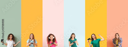 Set of young women playing ...