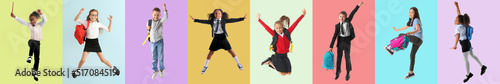 Collage of jumping little school children on color background