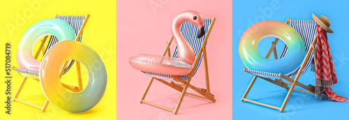 Fototapeta Set of deck chairs with beach accessories on colorful background