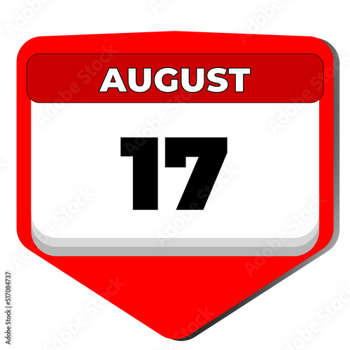 17 August vector icon calendar day. 17 date of august. Seventeenth day of august. 17th date number. 17 day calendar. Seventeen date. Indonesia Independence Day