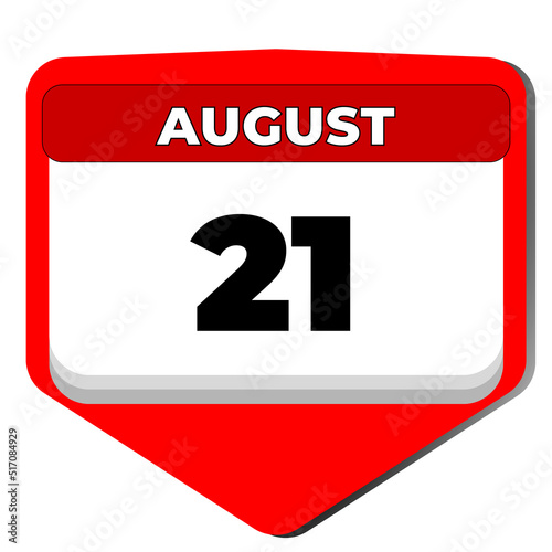 21 August vector icon calendar day. 21 date of august. Twenty first day of august. 21th date number. 21 day calendar. Twenty one date. World Senior Citizen Day, International Homeless Animals
