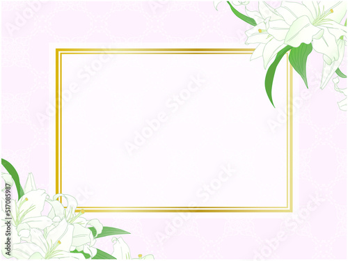 百合のフレーム⑥ななめ_金枠カード_ピンク_アンティーク風背景