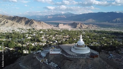 Aerial view Shanti Stupa buddhist white domed stupa overlooks the city of Leh, The stupa is one of the ancient and oldest stupas located in Leh city, Ladakh, Jammu Kashmir, India.