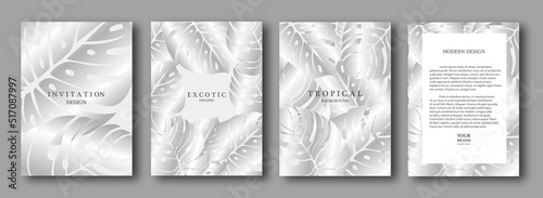 Exotic silver banner, cover design set. Floral background with white tropical pattern of leaf monstera plant. Premium horizontal, vertical vector template for invitation, luxury voucher, gift card
