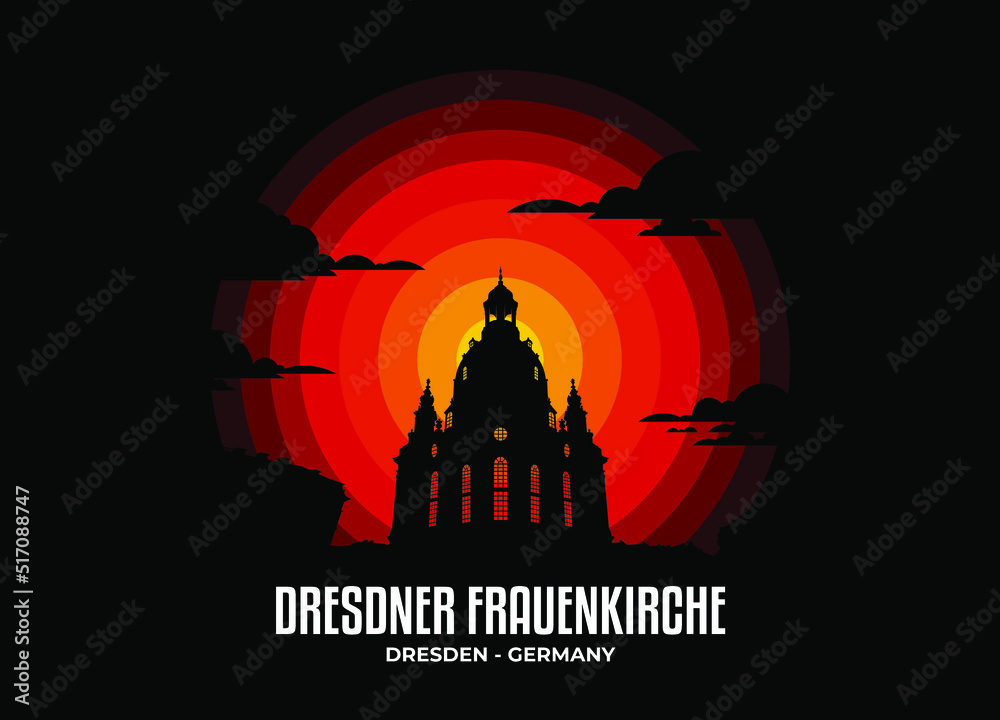 Dresdner Frauenkirche in Germany silhouette. Famous statue and building in moonlight illustration. Color tone based on official country flag. Vector eps 10.