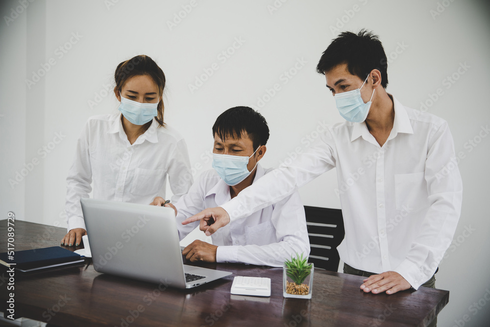 Group business people communicate working with laptop in office Group business people communicate working with laptop in office