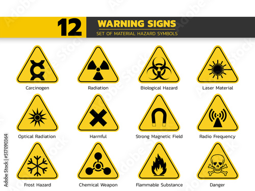 set of isolated material hazardous symbols on yellow round triangle board warning sign for pictograms, icon, label, logo or package industry etc. paperwork flat style vector design.