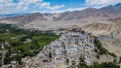 Aerial view Thiksey Monastery, Thiksey Gompa Tibetan Buddhist monastery of the Yellow Hat, Ladakh, Jammu and Kashmir, India, Leh Ladakh , Famous place in Leh Ladakh India. photo