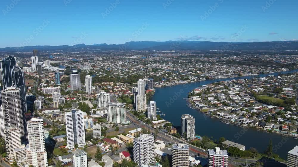 Aerial drone view of Surfers Paradise on the Gold Coast of Queensland, Australia on a sunny day
Aerial drone view of Surfers Paradise on the Gold Coast of Queensland, Australia on a sunny day