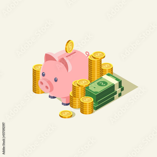 piggy bank with bunch of money illustration for saving money,