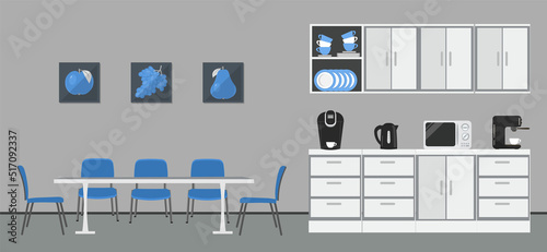 Office kitchen. Dining room in office. There are kitchen cabinets, a table, blue chairs, a microwave, a kettle and coffee machine in the image. There are paintings with blue fruits on the wall. Vector