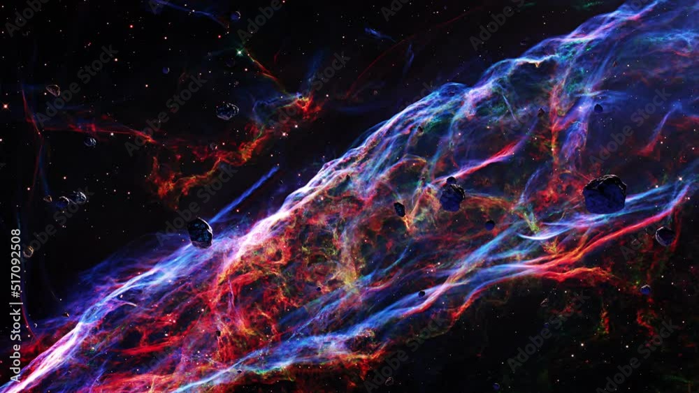 Galaxy space flight exploration space rock scence At Veil Nebula. 4K looping animation of flying through glowing nebulae, clouds and stars field.