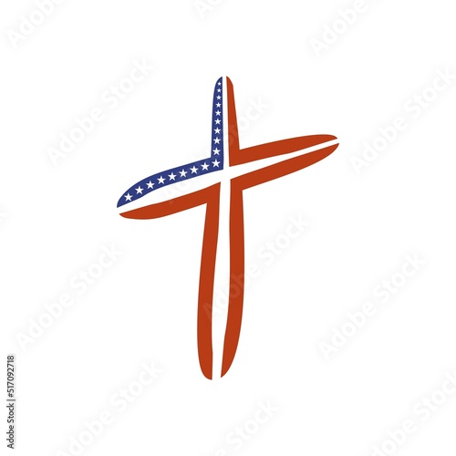 Christian cross with USA national flag texture. Religion concept illustration
