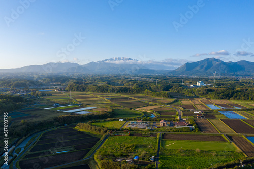 Mt Daisen and Farmlands of Tottori Early in the Morning, Rural Japan Countryside