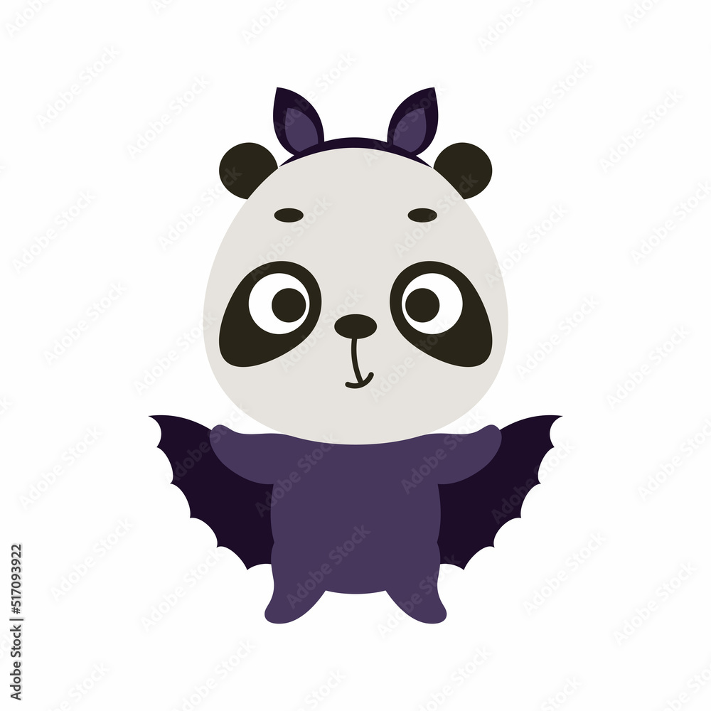 Cute little Halloween panda in a bat costume. Cartoon animal character for kids t-shirts, nursery decoration, baby shower, greeting card, invitation, house interior. Vector stock illustration