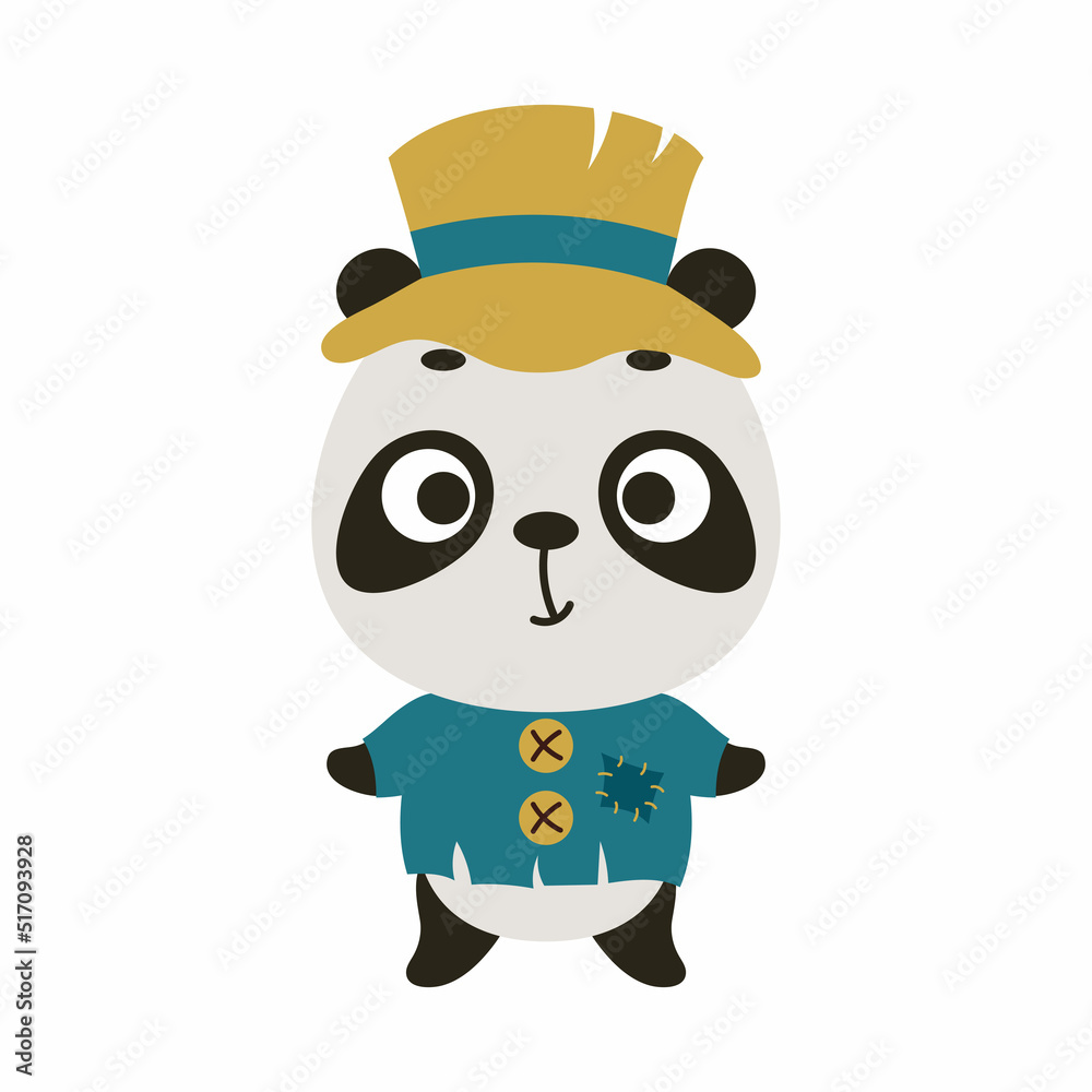 Cute little Halloween panda in a scarecrow costume. Cartoon animal character for kids t-shirts, nursery decoration, baby shower, greeting card, invitation, house interior. Vector stock illustration Cute little Halloween panda in a scarecrow costume. Cartoon animal character for kids t-shirts, nursery decoration, baby shower, greeting card, invitation, house interior. Vector stock illustration