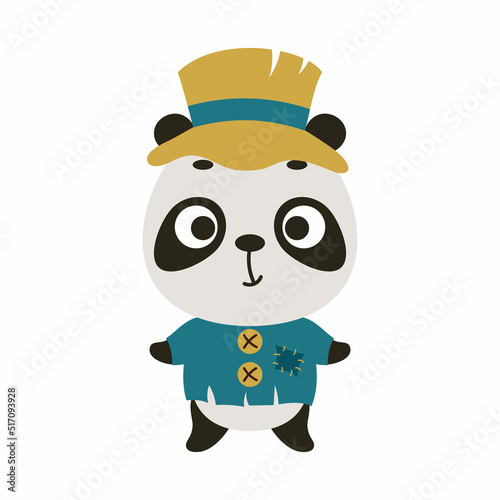 Cute little Halloween panda in a scarecrow costume. Cartoon animal character for kids t-shirts, nursery decoration, baby shower, greeting card, invitation, house interior. Vector stock illustration
