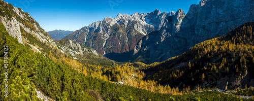 Panorama of Mountain Alpine Road pass of Vrsic in Julian Alps Slovenia Autumn Colours on a Beautiful Sunny Day © Fotopogledi