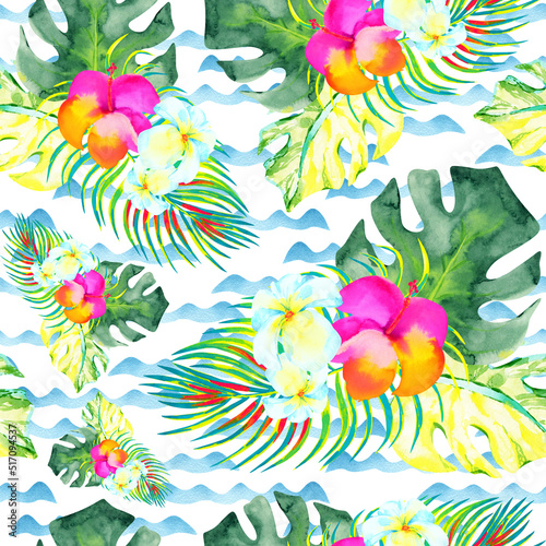 Tropical bouquet on sea waves background, seamless floral seamless pattern, watercolor texture © AineGing