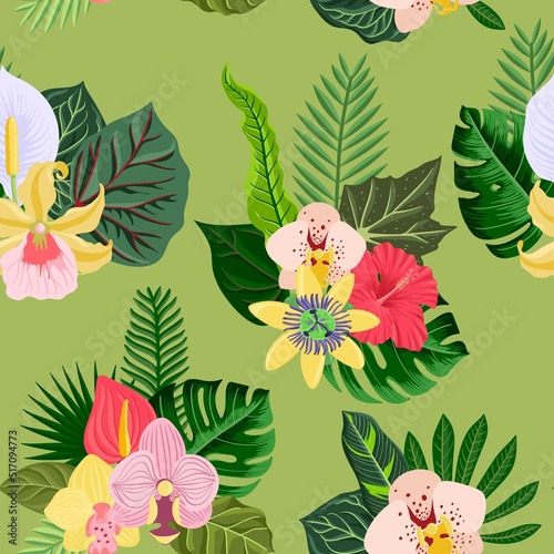 vector drawing tropical pattern with green leaves and orchid and hibiscus flowers, floral composition, exotic seamles background, jungle hand drawn illustration