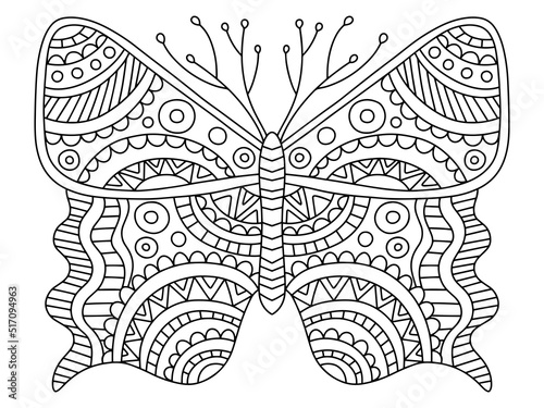 Hand-drawn fantasy butterfly with antennae linear vector illustration. Colouring book page for adults with hand-drawn butterfly. Unreal insect with big wings black outline isolated on white background