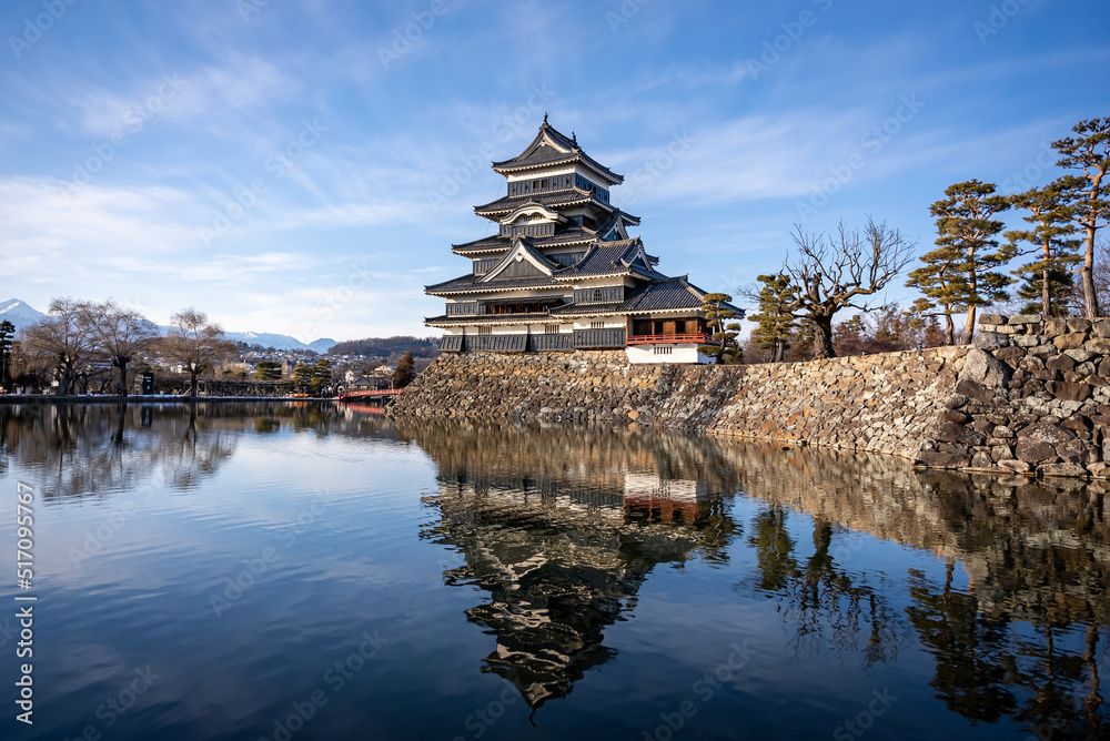 Matsumoto Castle Reflecting on Moat in Nagano Japan