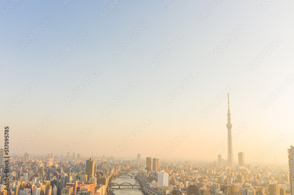 Sunrise over Tokyo Skytree and Urban Tokyo, Background Shot