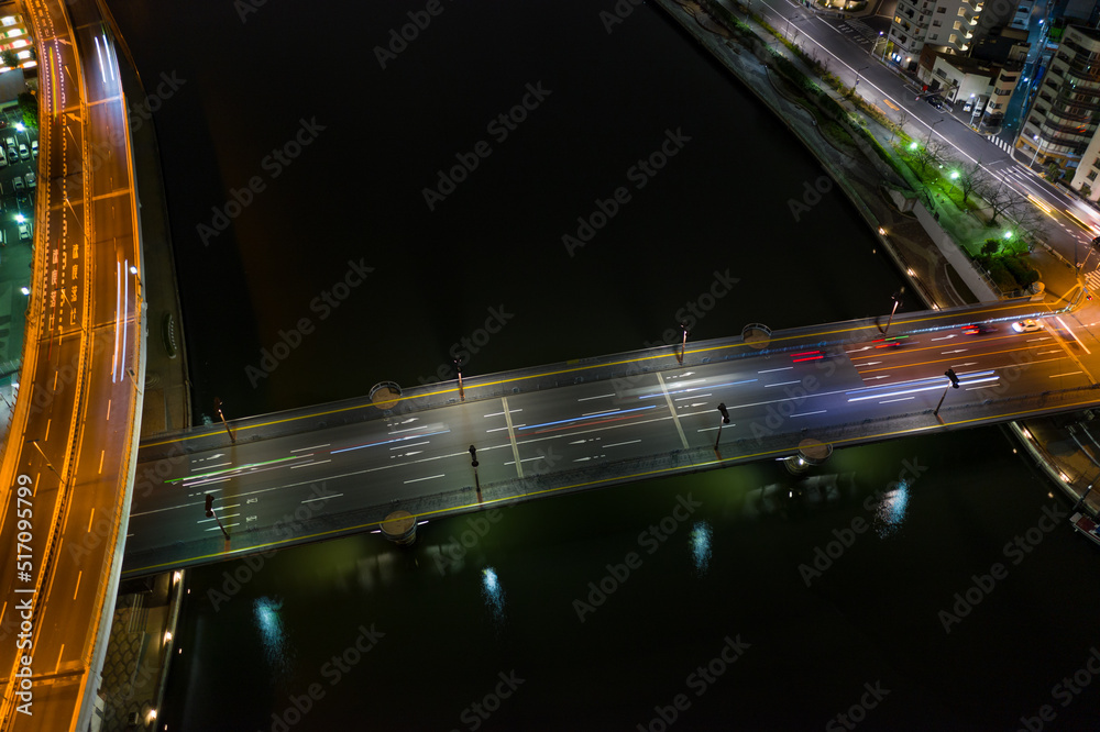 Aerial View of Japanese Bridge in City at Night Aerial View of Japanese Bridge in City at Night
