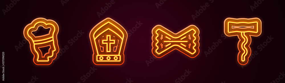 Set line Italian cook, Pope hat, Macaroni and Wine corkscrew. Glowing neon icon. Vector Set line Italian cook, Pope hat, Macaroni and Wine corkscrew. Glowing neon icon. Vector