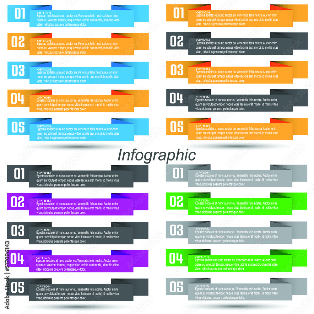 Collection infographics with steps and options, banner for business design and website template. Collection infographics with steps and options, banner for business design and website template.