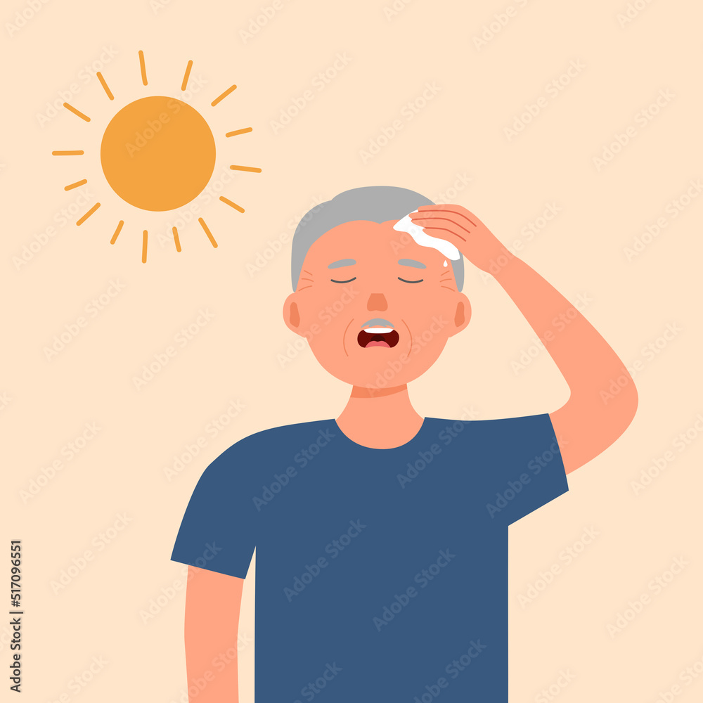 Senior man suffering from heat stroke symptom. He got dizziness and sweaty in hot climate summer. Senior man suffering from heat stroke symptom. He got dizziness and sweaty in hot climate summer.