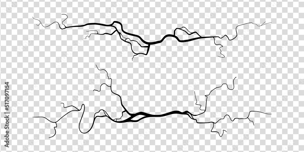 Crack on concrete or ground due to aging or drought. Set of fissures isolated in transparent background. Monochrome vector illustration