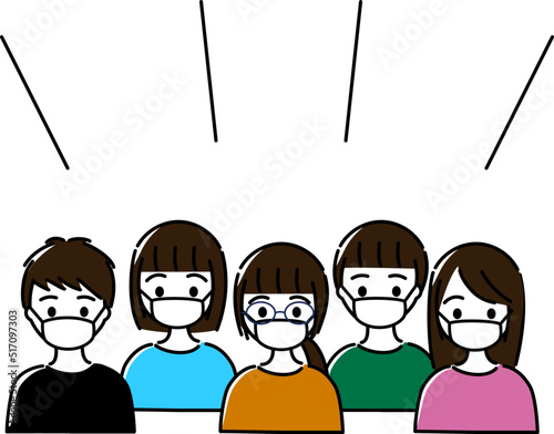 小学生高学年から中学生くらいの男の子と女の子が感染対策でマスクを付けて話している。