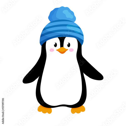 Vector illustration of cute little penguin in blue hat isolated on white. Animal winter clipart in flat style.