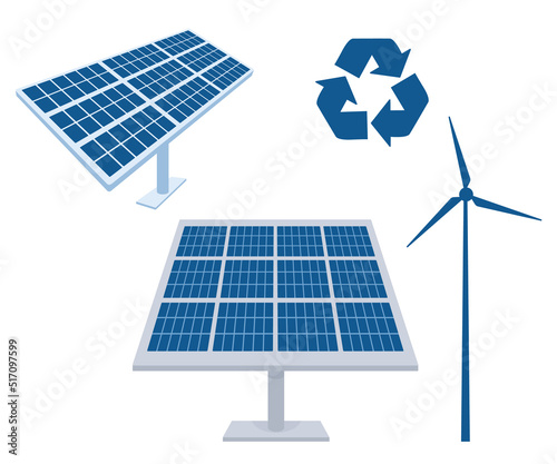 Solar battery panel set. Vector flat illustration photovoltaic cells isolated on white. Wind generator and Recycling sign