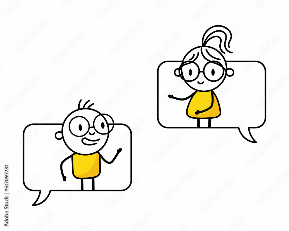 Man and woman are looks out of chat bubbles and talking to each other. Communication and social media concept. Vector stock illustration