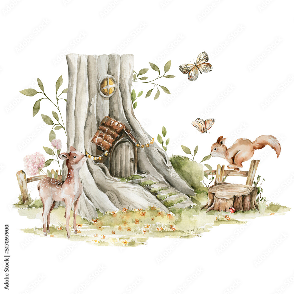 Watercolor nursery woodland composition with character. Hand painted
